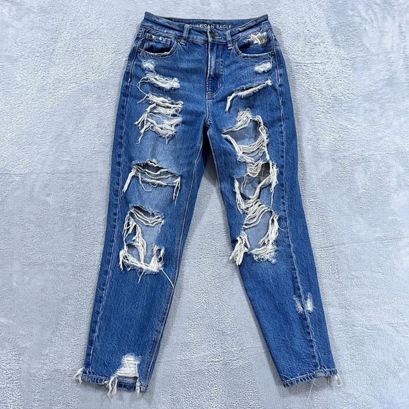 AMERICAN EAGLE Mom‎ Jeans Womens 0 SHORT Distressed Blue Y2K - Picture 1 of 12